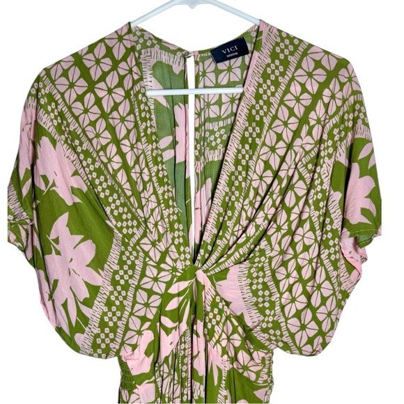 VICI ‘A World to See’ Pink Olive Green Floral V-Neck Slit Boho Midi Maxi Dress M - Picture 4 of 10